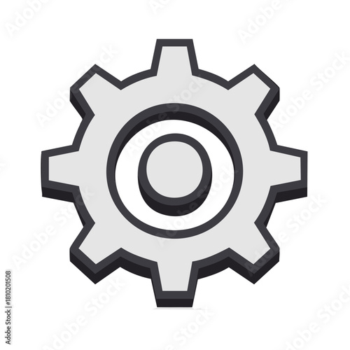 Grey three dimensional gear icon symbolizing settings engineering work and technical machinery