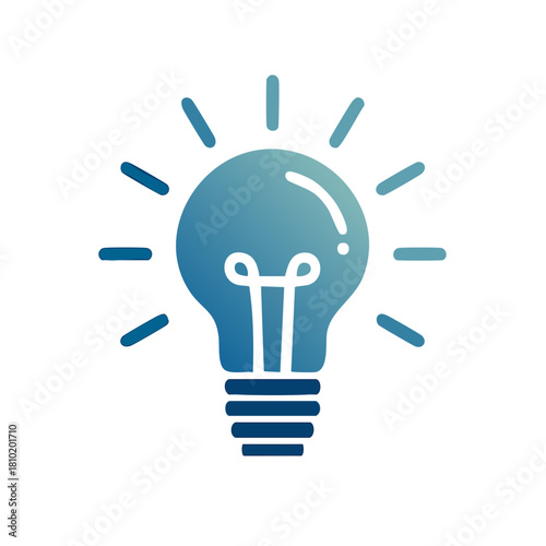 Blue gradient light bulb icon glowing with bright rays representing brilliant ideas and innovation concept