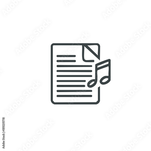 Outline icon showing a document page with text lines and an adjacent musical note, symbolizing audio files and music