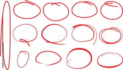 Hand drawn crayon ovals and circles. Ellipses pencil doodle style set. Vector elements for hand drawn diagrams. Red round rough thin frames
