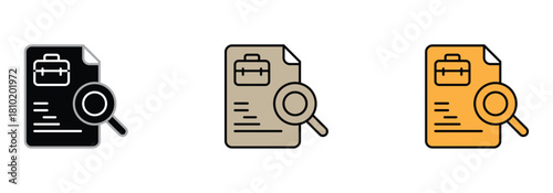 Job search icon set, resume review with magnifying glass for career opportunity, employment, and business recruitment in a modern design