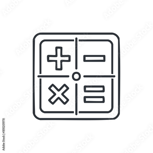 Line art icon of a calculator with basic mathematical operation symbols plus minus and multiply