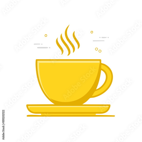 Illustrated yellow coffee cup and saucer with steam rising, simple flat design.
