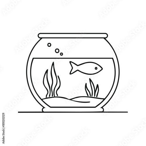 Simple outline of a fish in a fishbowl with aquatic plants and bubbles