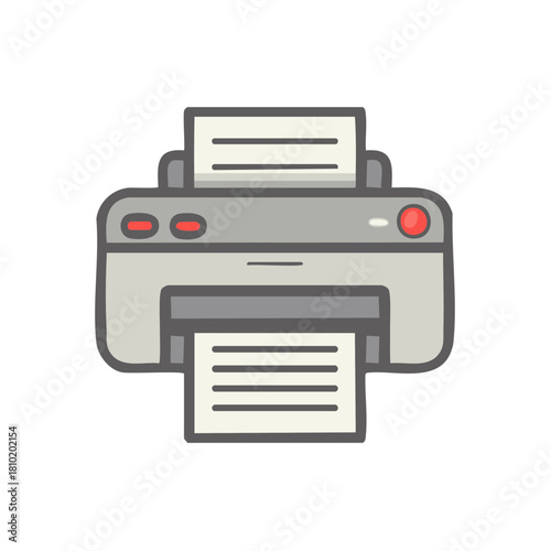 Digital illustration of an office printer producing printed documents and paperwork for business communication