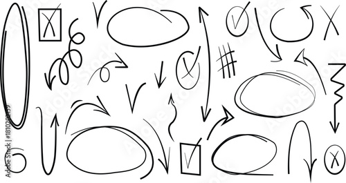 Hand Drawn Doodle Elements Including Arrows Circles Checkmarks and X Marks sketch drawing