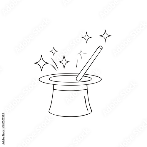 Cartoon style drawing of a magic top hat with a glowing wand and glittery stars