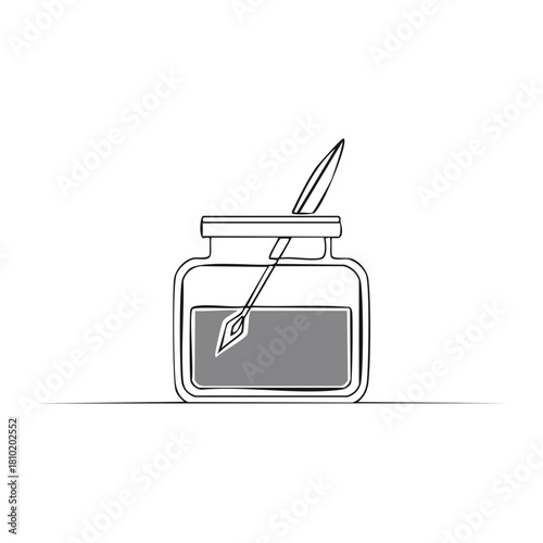 Minimalist continuous line drawing of a traditional inkwell and quill pen.