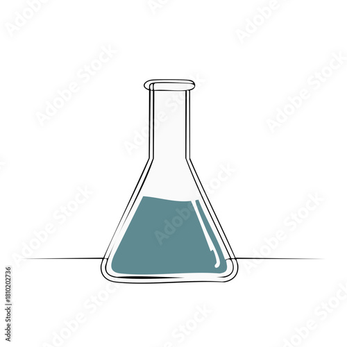 Science laboratory Erlenmeyer flask with liquid in a continuous one line art style