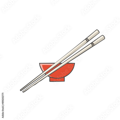 Illustration of a Red Bowl with Chopsticks Resting Across the Rim for Asian Cuisine