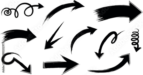 Hand drawn arrow collection in black ink on white background