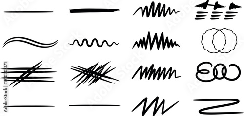 Hand drawn scribble lines and shapes set on a white background
