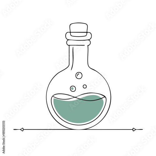Simple Laboratory Flask with Green Liquid and Bubbles Minimalist Illustration