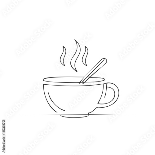 Minimalist coffee or tea cup with spoon and steam graphic illustration.