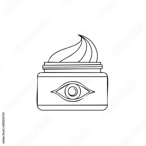 Elegant line art drawing of a cosmetic cream jar featuring an eye symbol for skincare branding