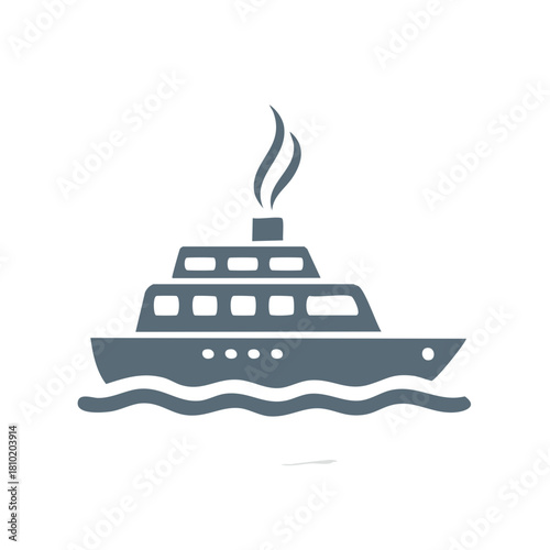 Stylized cruise ship with smoke billowing from its stack sailing on wavy water