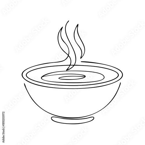 Minimalist outline drawing of a bowl with hot steam, continuous line art style