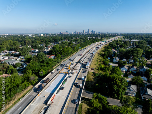 Early morning aerial of Interstate 65 and Construction - Garfield Park, Indianapolis, Indiana