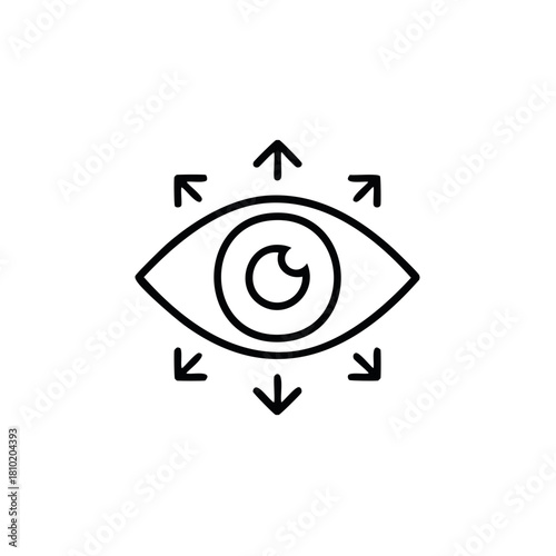 Line art icon of an eye with arrows symbolizing expanded vision awareness and panoramic perspective