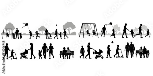 People different ages doing outdoors activities with various poses in public park vector silhouettes. People all ages playing in park family bonding leisure time black silhouette set.