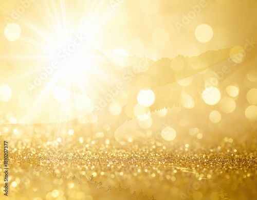 Fototapeta Naklejka Na Ścianę i Meble -  Bright golden sunlight shining over a shimmering landscape with sparkling bokeh effect Generative AI