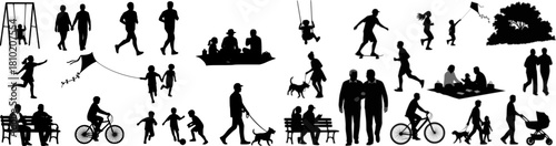 People different ages doing outdoors activities with various poses in public park vector silhouettes. People all ages playing in park family bonding leisure time black silhouette set.
