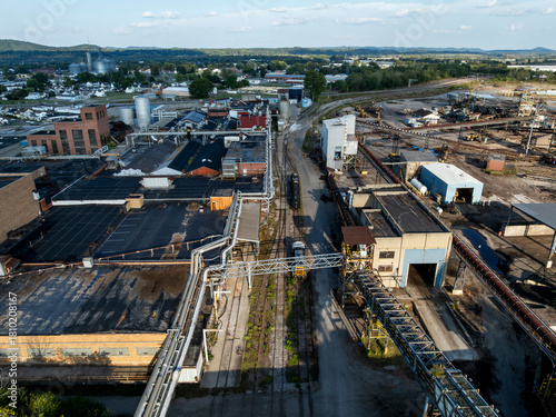 Aerial of Closed & Abandoned Paper Mill at Late Evening / Sunset - Chillicothe, Ohio