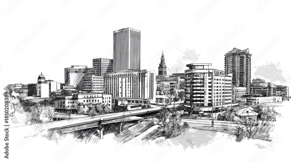 Fototapeta premium Artistic Representation of Akron Skyline: A Hand-Drawn Sketch of Ohio's Urban Landscape