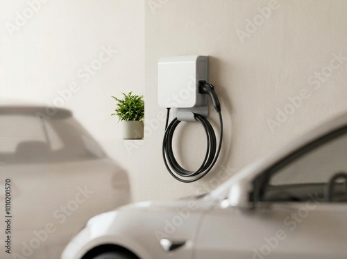 Sleek white electric vehicle (EV) charger and coiled cable on a clean beige wall in a modern home garage with blurred electric cars and green plant.