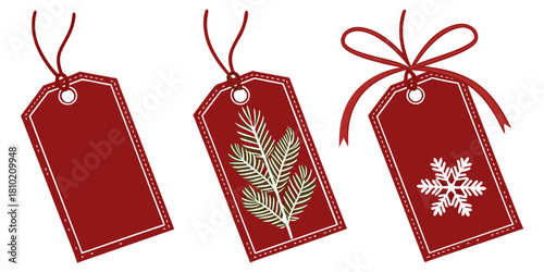 elegant and festive christmas gift tags in muted burgundy red with white dashed outlines, featuring pine branches, snowflakes, and red ribbons