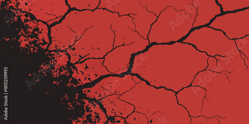 dramatic abstract background featuring a gradient from vibrant red to black, with intense spreading black cracks and distressed textures representing damage and decay