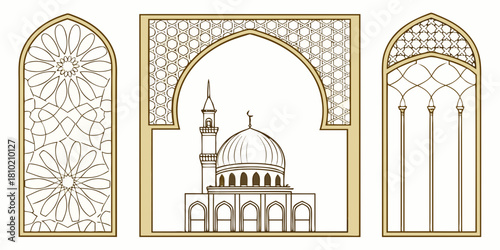 islamic architecture arches with mosque dome minaret and geometric arabesque patterns in gold and white