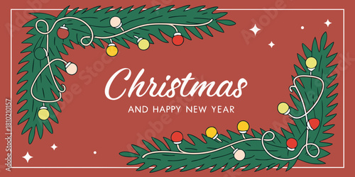 christmas and happy new year greeting card with pine branches golden ornaments on red background vintage design