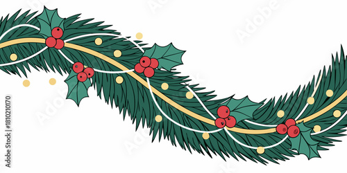 christmas garland with pine branches red berries gold beads and ribbon festive holiday decoration illustration