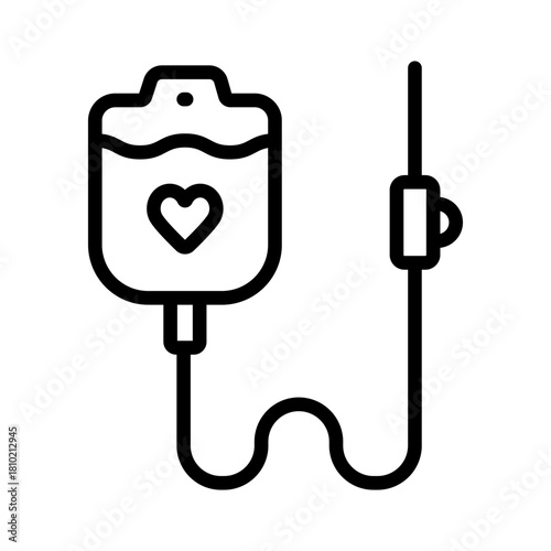 Blood Transfusion Line Icon, Blood bag with dripping blood. Blood transfusion donate logo. Medical IV drip bag sign, for healthcare apps, medical websites, and hospital-related visuals.