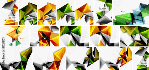 Abstract geometric designs dominate image. Bright colors, triangles, sharp angles create dynamic compositions. Modern, stylish layouts suitable for presentations.