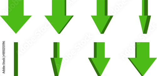 3D Style Sprite Sheet Set of Rotating Green Arrow Pointing Down Button Sign Icon Symbol for 2D Game or App Animation. Vector Image.