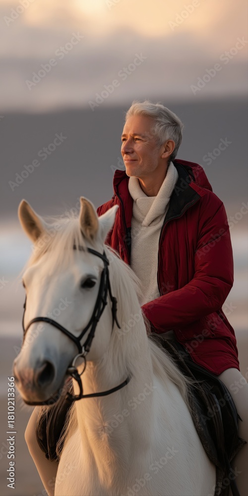Obraz premium Elderly caucasian male riding horse on beach at sunset in red jacket