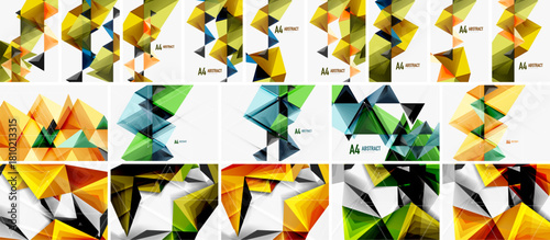 Abstract geometric designs dominate image. Triangles, vibrant colors, gradients create modern visual patterns. Text A4 abstract appears on some.