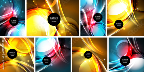 Bright abstract backgrounds. Dynamic curves, vibrant colors, glowing effects, text placeholders present. Modern design elements visible.