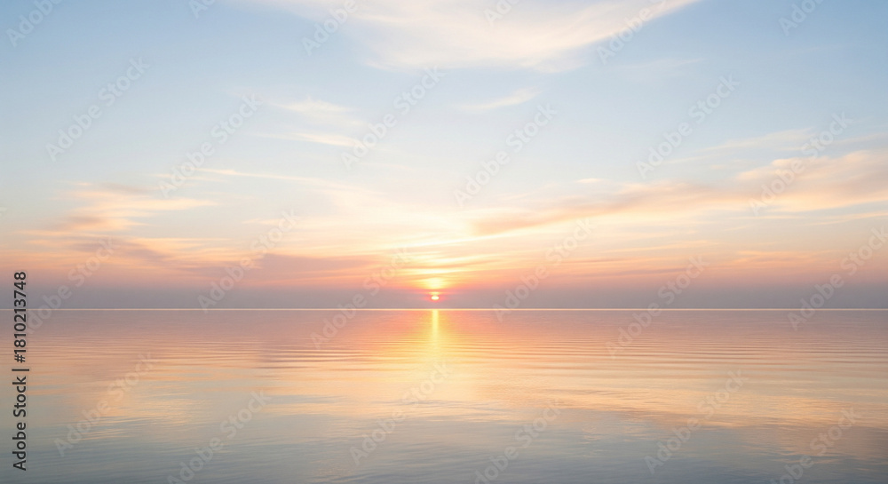 Fototapeta premium Serene sunrise or sunset over a calm, reflective ocean. A breathtakingly tranquil seascape at either sunrise or sunset. The sun is a small, glowing orb positioned low on the horizon