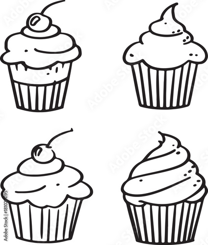 set of vector doodle hand drawn cupcakes. bakery line art 