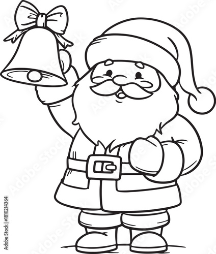 Cartoon line art drawing of Santa Claus ringing a bell for coloring