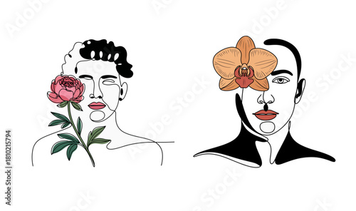 One Line Art Man Face with Peony and Orchid Flowers Vector Set
