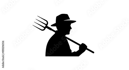 Iconic farmer silhouette with pitchfork, a timeless representation of agriculture, ideal for brands rooted in tradition, sustainability, and wholesome values