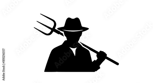 Classic Silhouette of a Farmer with Pitchfork Ready to Work the Land, Symbolizing Agriculture, Hard Work, and Rural Life, Originally a Scalable Vector Graphic