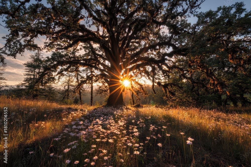 Obraz premium Golden Sunrise Illuminating an Oregon White Oak at Kingston Prairie Nature Preserve with a Shooting Star