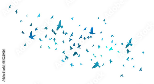 Flying birds blue silhouette flock. hand drawing. Not AI. Vector illustration