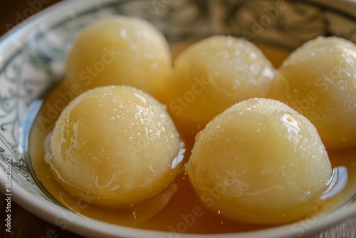 Delicious sweet dumplings in syrup served in a bowl