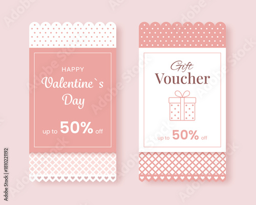 Valentine's Day Gift Voucher Set. Romantic Coupons featuring discounts in soft pink tones with elegant lace borders and dotted patterns. Vector illustration.